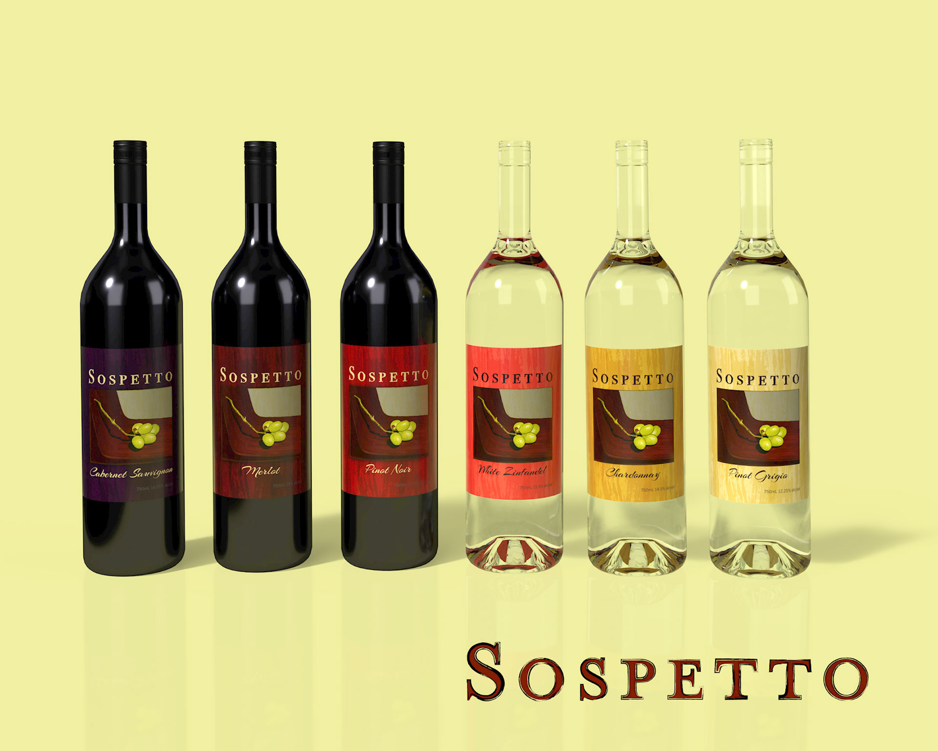 Wine bottles with labels, mockup