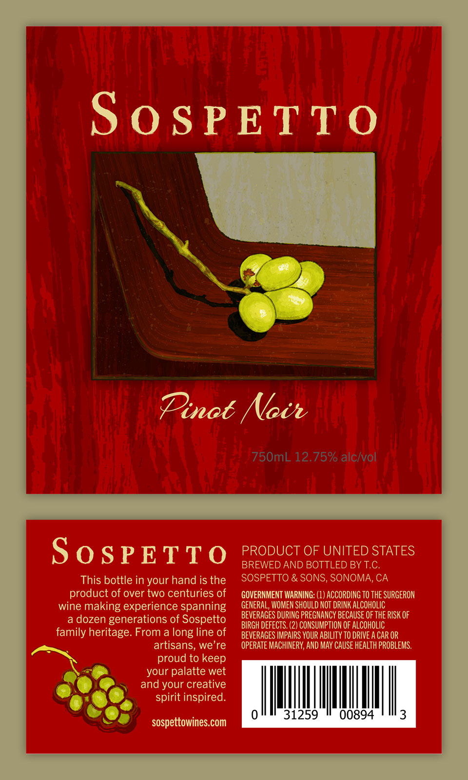 Wine bottle labels front and back, Sospetto Pinot Noir