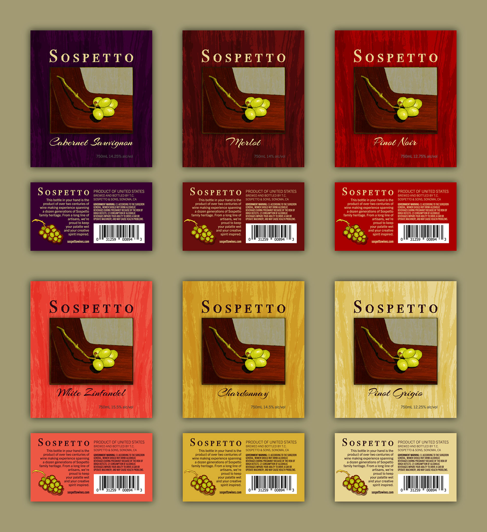 Variety of Sospetto Wine bottle labels